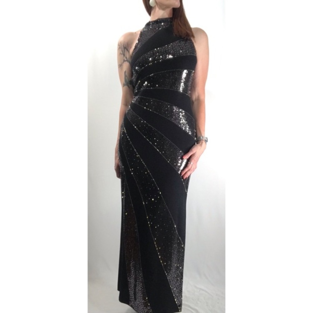 Vintage St. John Couture Santana Knit Black Shimmer Beaded High Neck Maxi Dress